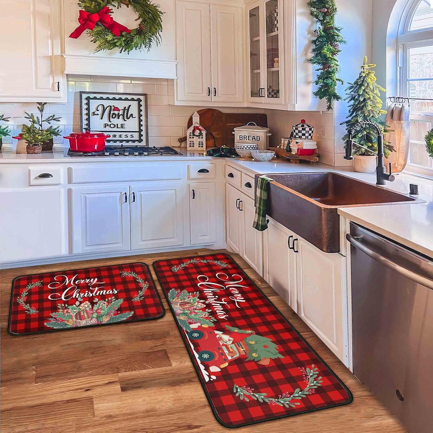 Non-slip Christmas kitchen rugs set featuring a red truck and tree farm design